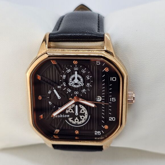 Men's Watch 42MM Black Dial Gold Case Black Leather Band Straps Date Indicator - Picture 1 of 16